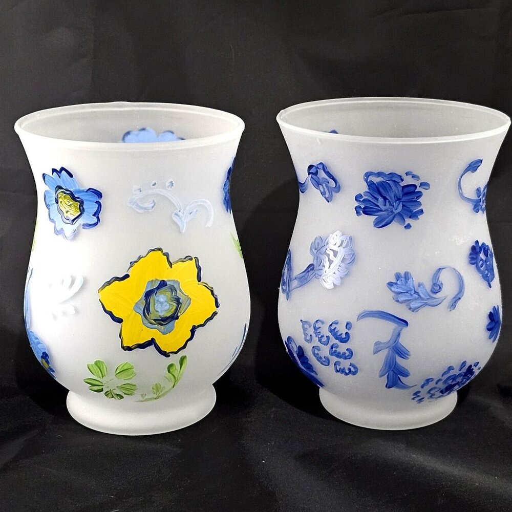 2 Hallmark Handpainted Hurricane Candle Holders 5" includes votives blue yellow - Picture 3 of 7